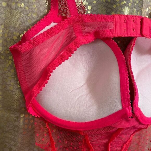 Victoria’s Secret Neon Hot Pink Polka Dot Push Up Babydoll Lingerie, 36C NWOT - Picture 7 of 10